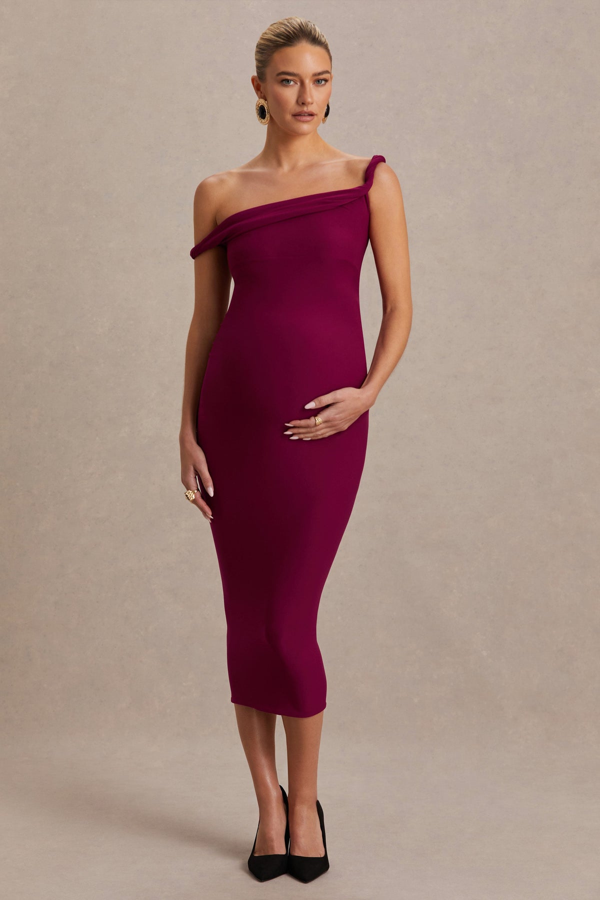 Salome | Burgundy midiklänning i gravidmodell med asymmetrisk halsringning