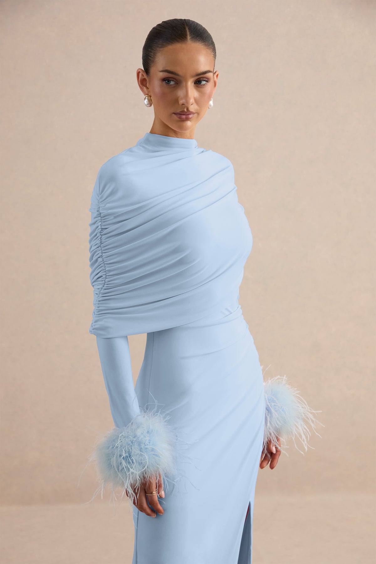 CL136990013  - Gatsby | Light Blue High-Neck Maxi Dress With Feather Trim Cuffs + CL138534013 - Gatsby | Light Blue Feather Trim Cuffs 5.jpg