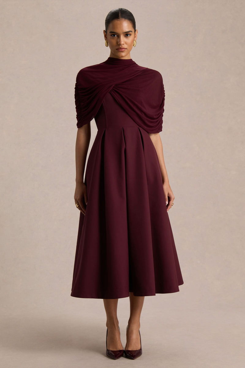 Thalia | Burgundy midiklänning med cape och draperade detaljer