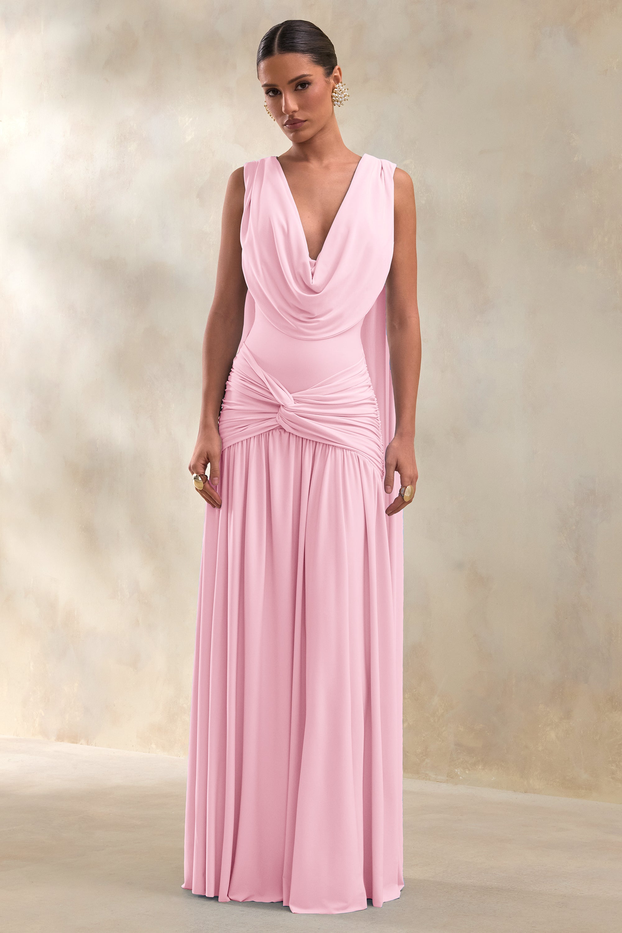 ECM_HR_CL137299081 - Amelisse | Light Pink Plunge-Neck Maxi Dress With Ruched-Detailing_01.jpg
