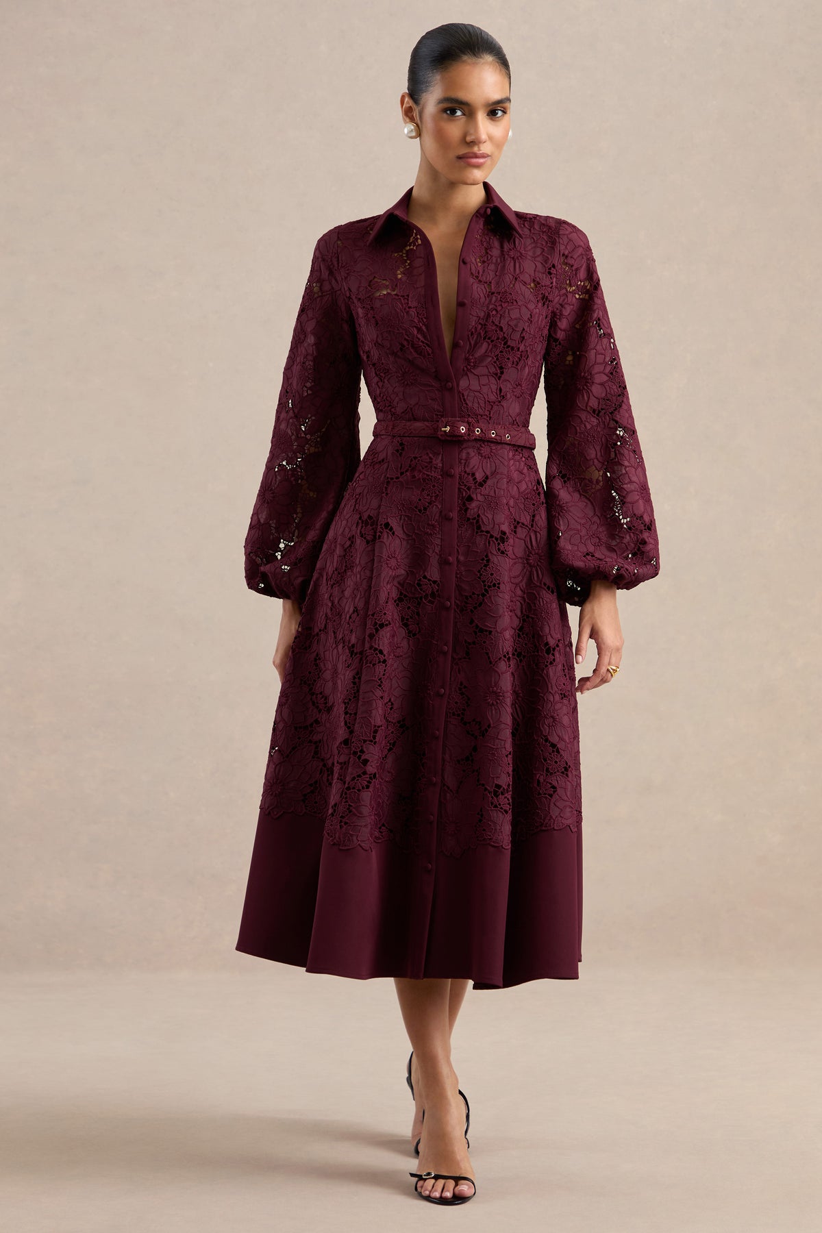ECM_HR_CL137351102 - Jules _ Burgundy Broderie V Neck Long Sleeve A-Line Midi Dress With Belt Detail2.jpg