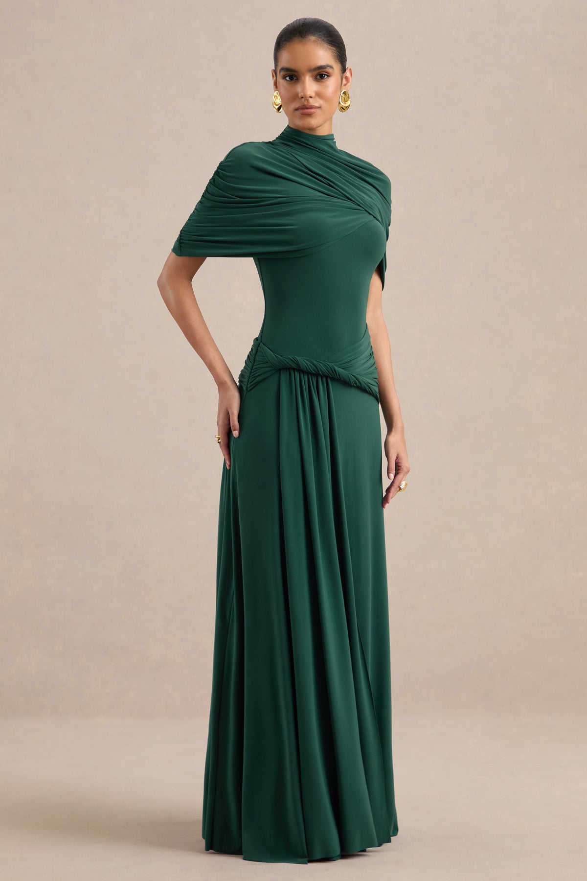 ECM_HR_CL137692038 - Evelisse _ Dark Green Jersey Ruched High Neck Short Sleeve Maxi Dress With Draped Detailing And Twist Sash2.jpg