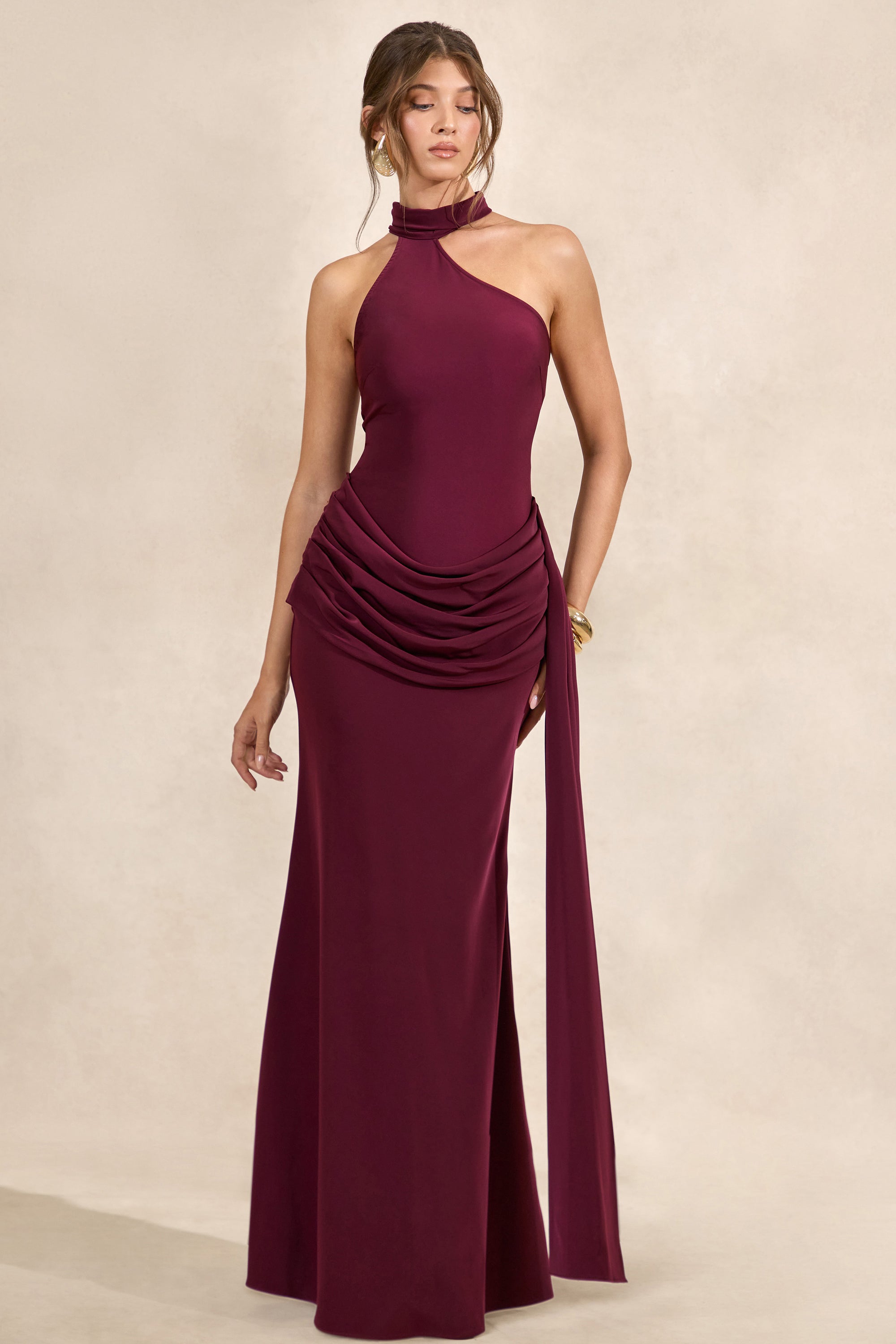 CL137729102 - Aevina _ Burgundy Satin Asymmetric-Neck Maxi Dress With Sash-Detail1.jpg