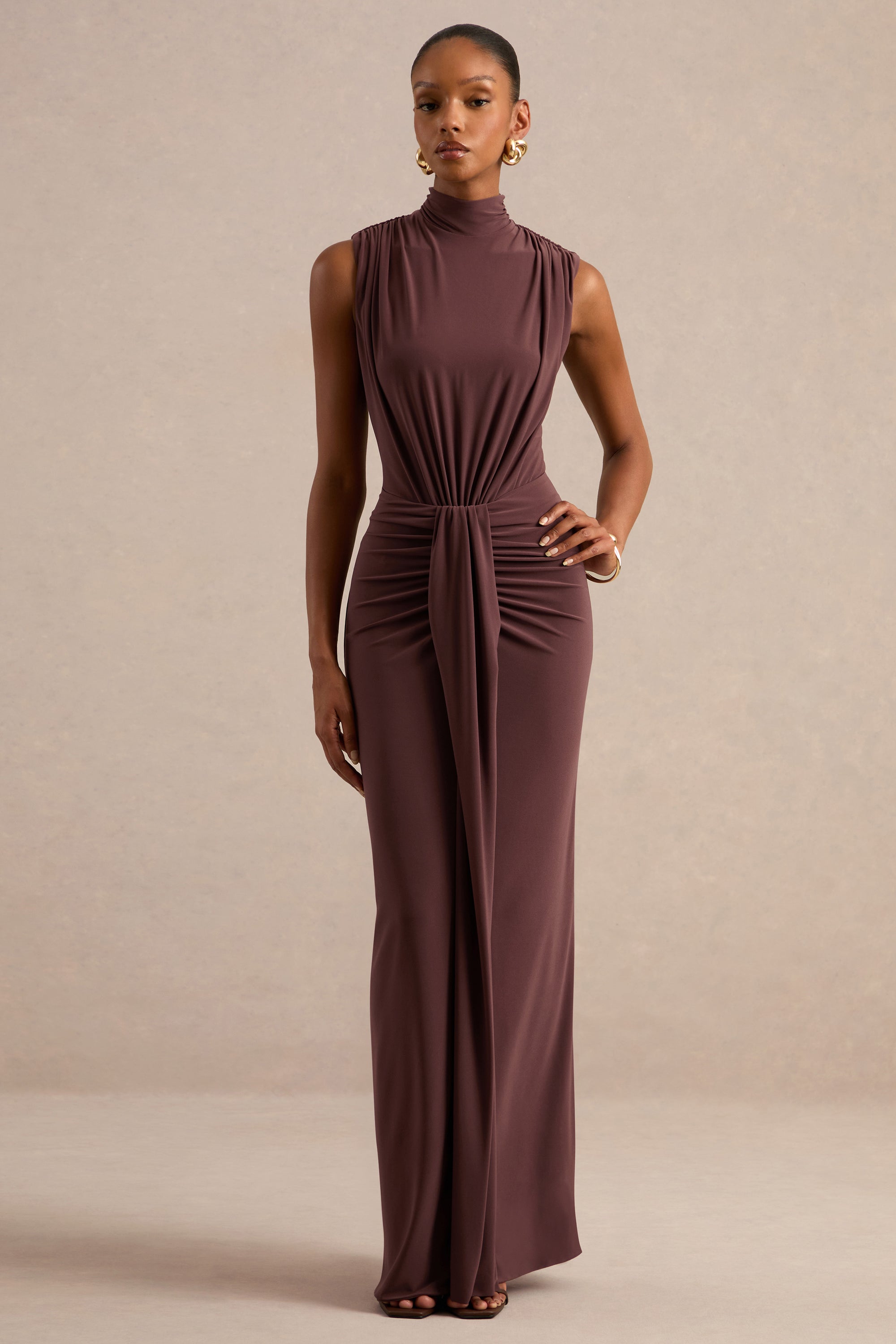 ECM_HR_CL137765022 - Isona _ Brown High-Neck Maxi Dress With Gathered-Detailing And Sash1.jpg