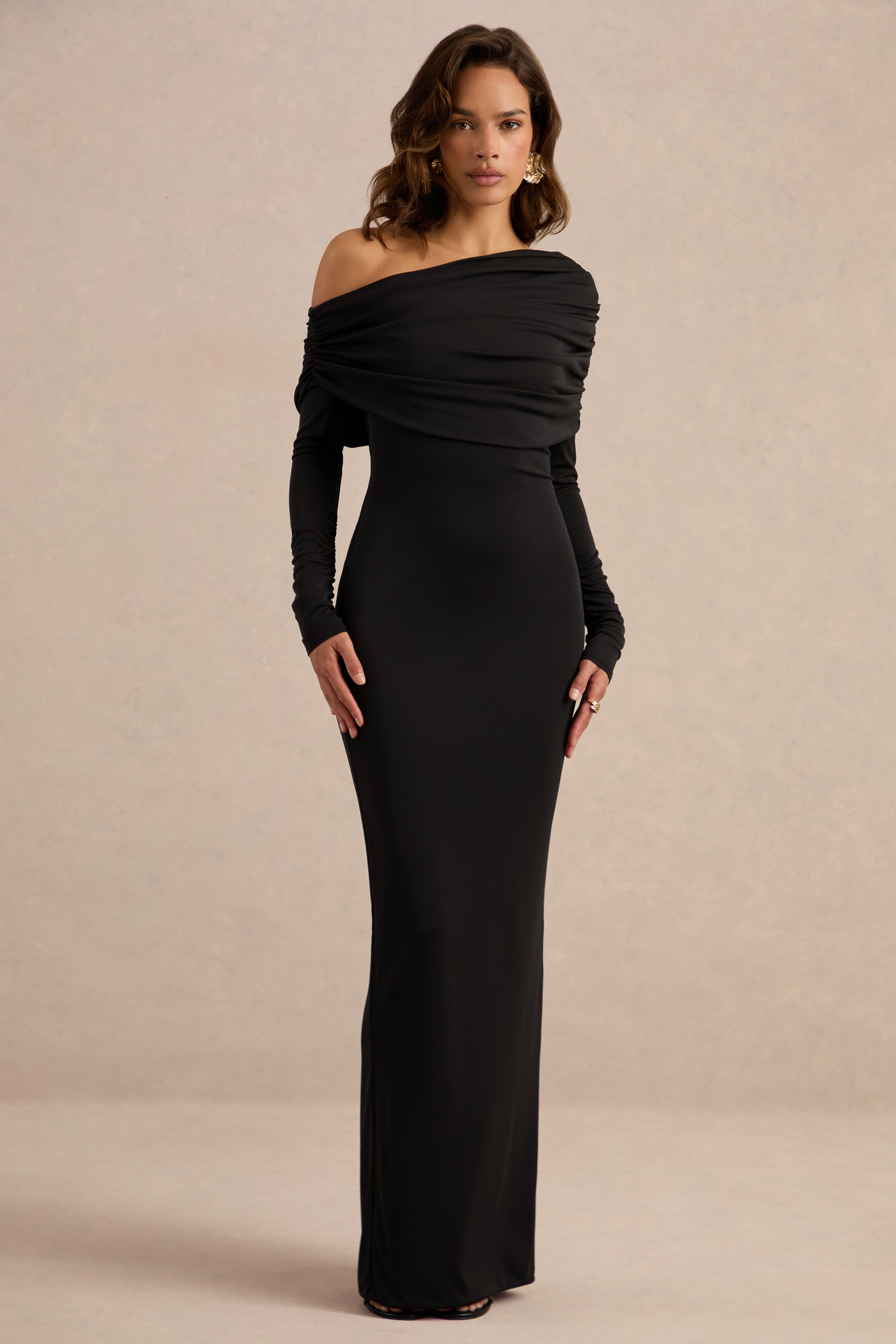ECM_HR_CL138268001 - Eulalie Black Asymmetric-Neck Maxi Dress With Draped Detailing0.jpg