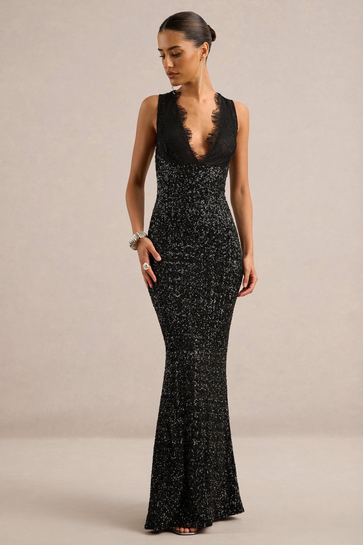 CL13829500106_ECM_HR_CL138295001_-_Elizaveta___Black_Sequin_And_Lace_Plunge-Neck_Maxi_Dress1