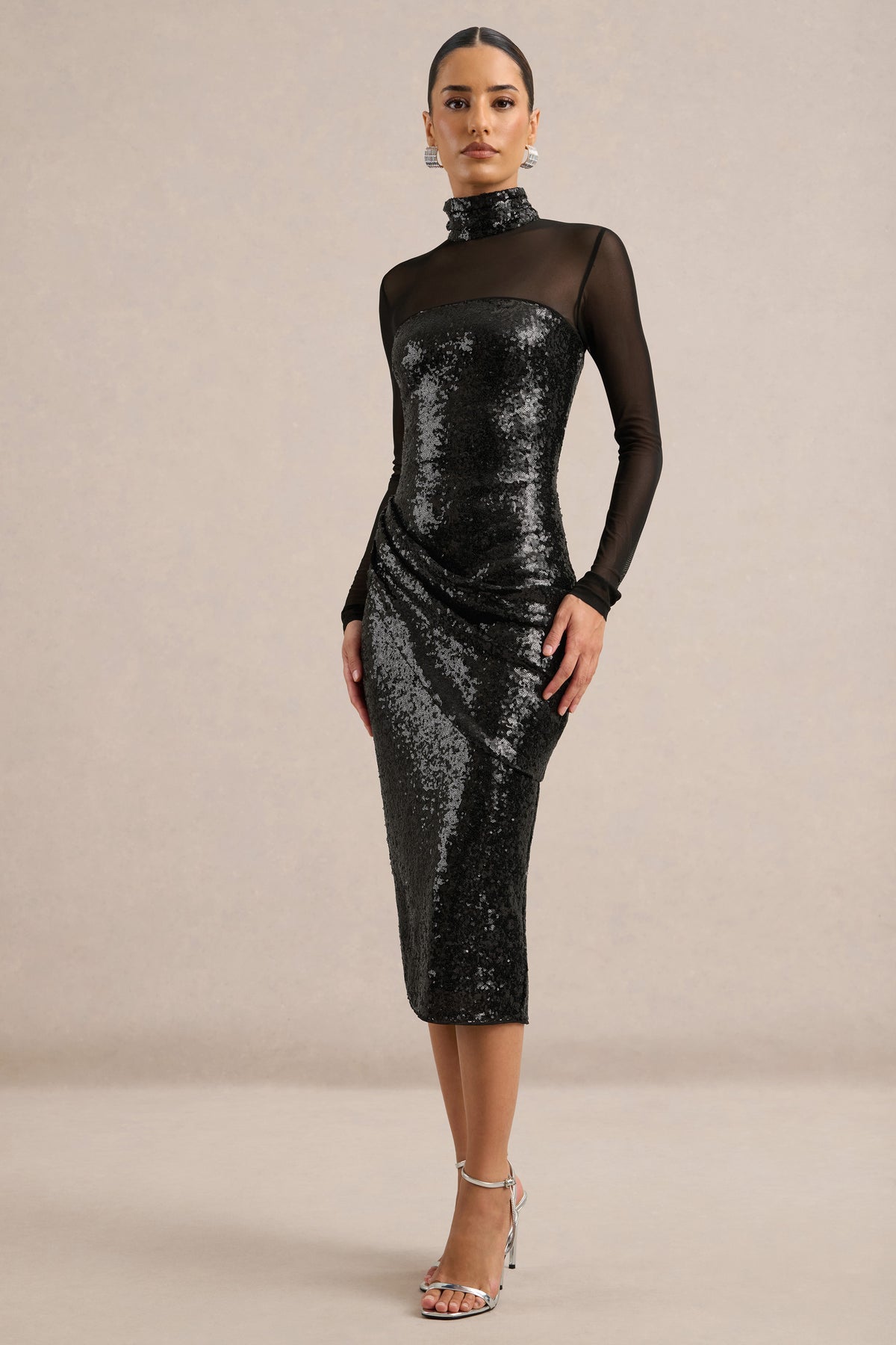 ECM_HR_CL138299001 - Emory _ Black Sequin High-Neck Midi Dress With Draped Detailing0.jpg