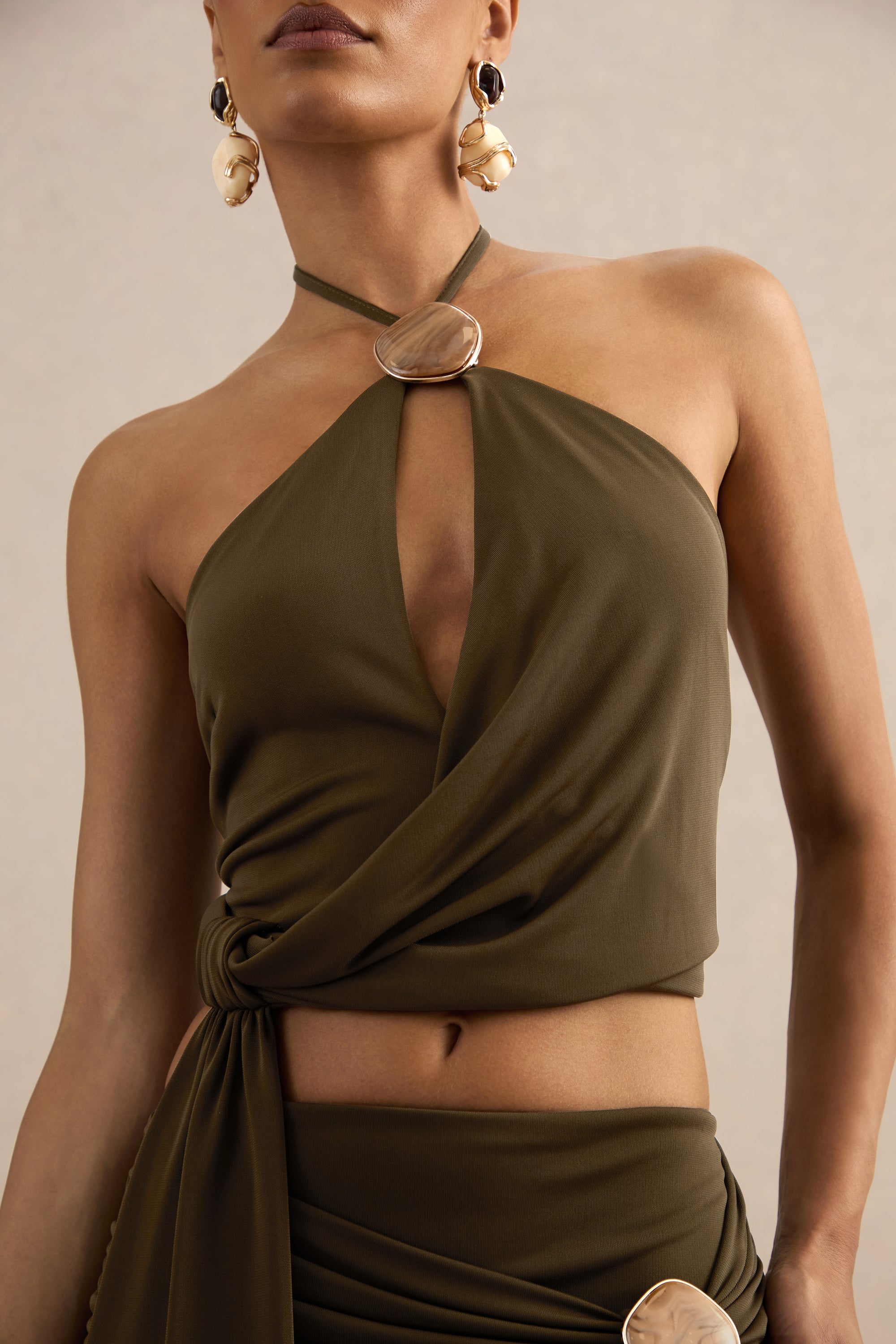 ECM_HR_CL138404035 - Liviana | Khaki Halter-Neck Top With Gathered Detailing And Gold Detail + CL138405035 - Liviana | Khaki Maxi Skirt With Gathered Detailing And Gold Detail 10.jpg