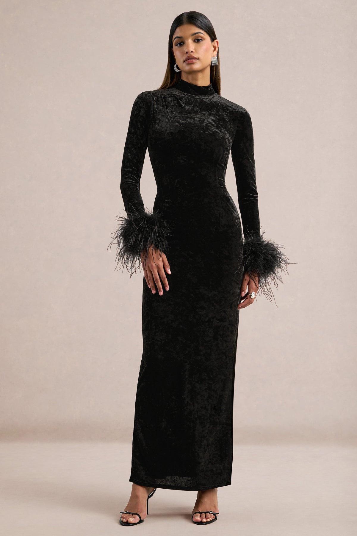 ECM_HR_CL138413001 - Bria _ Black Velvet High-Neck Maxi Dress With Feather Trim Cuffs0.jpg