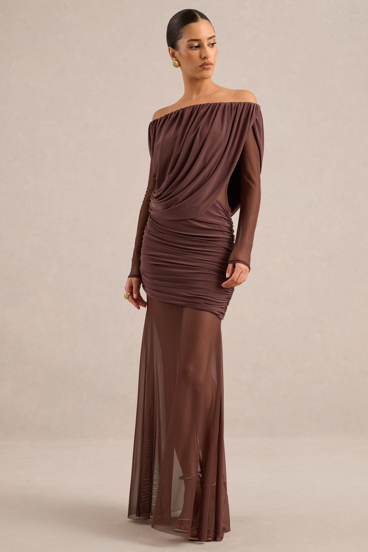 ECM_HR_CL138432022 - Amaline | Dark Brown Mesh Bardot-Neck Maxi Dress With Draped Detailing0.jpg