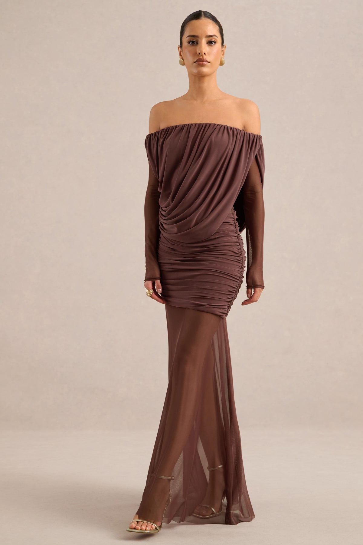 ECM_HR_CL138432022 - Amaline | Dark Brown Mesh Bardot-Neck Maxi Dress With Draped Detailing1.jpg