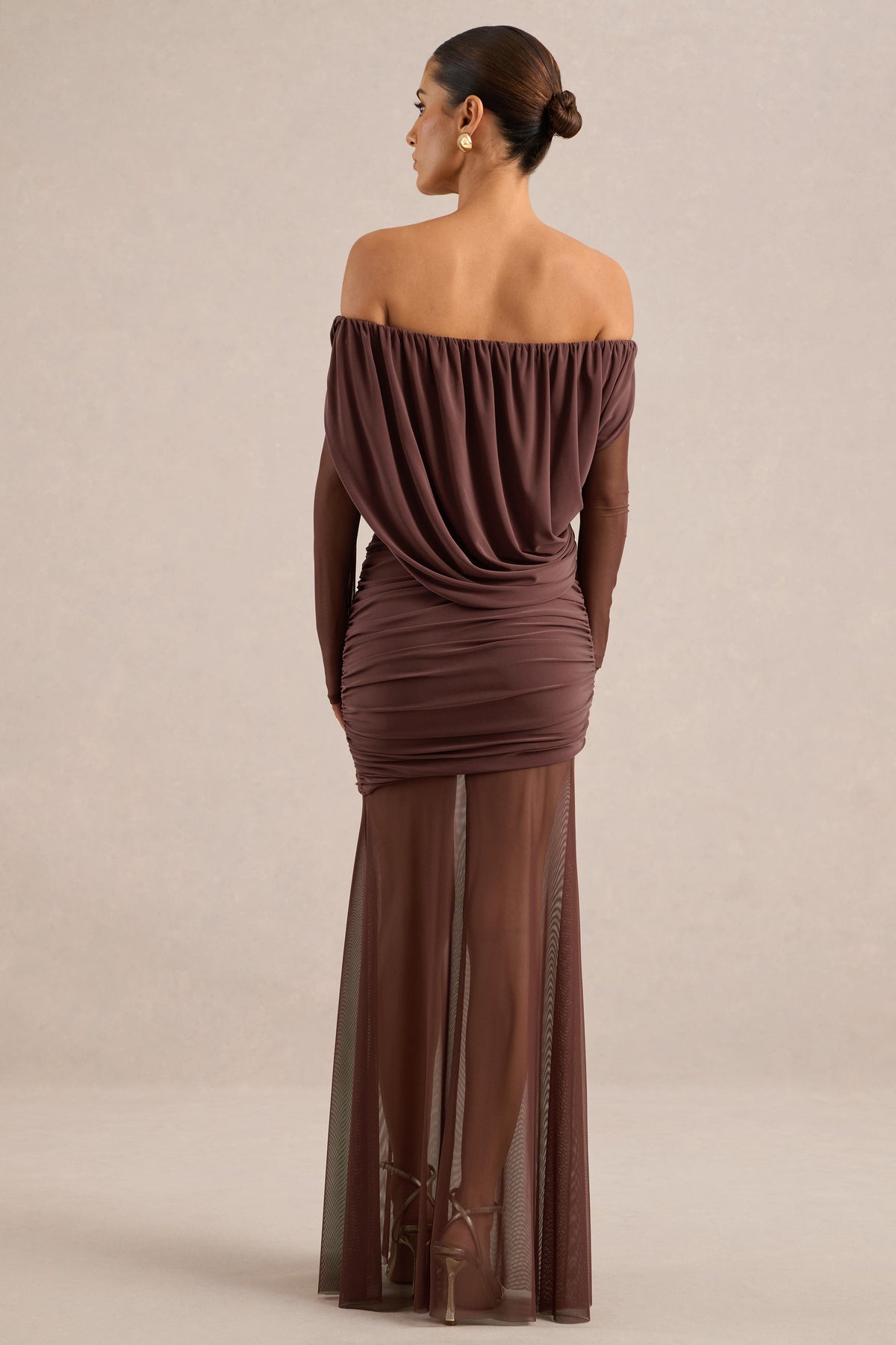 ECM_HR_CL138432022 - Amaline | Dark Brown Mesh Bardot-Neck Maxi Dress With Draped Detailing5.jpg