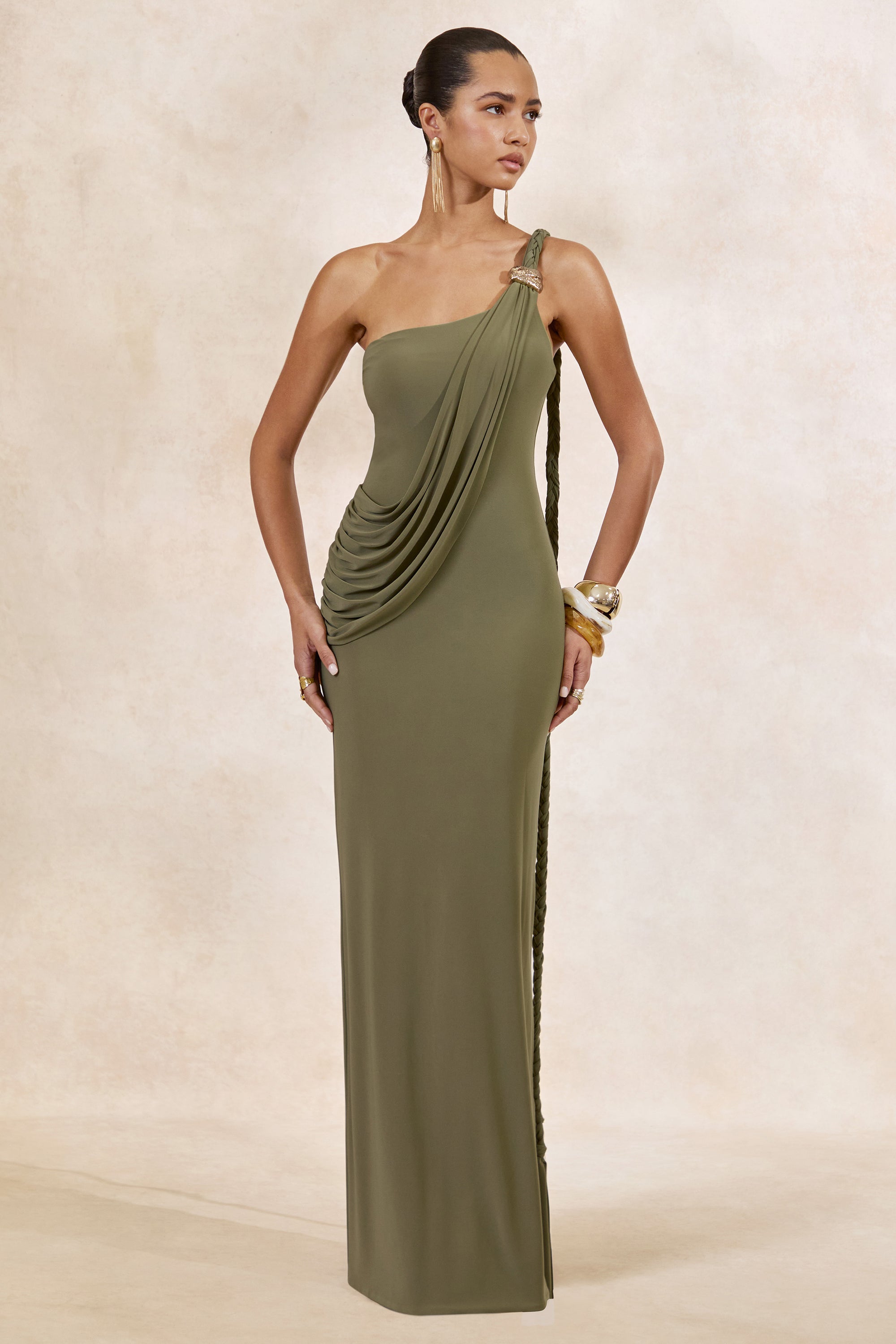 CL138439031 - Clarin _ Olive Asymmetric-Neck Maxi Dress With Gathered Detailing And Gold Detail5.jpg