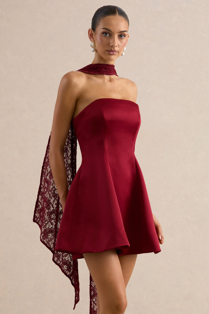 Lioray Burgundy Satin Bandeau-Neck A-Line Mini Dress cl138453102 and scarf CL138453102_1.jpg