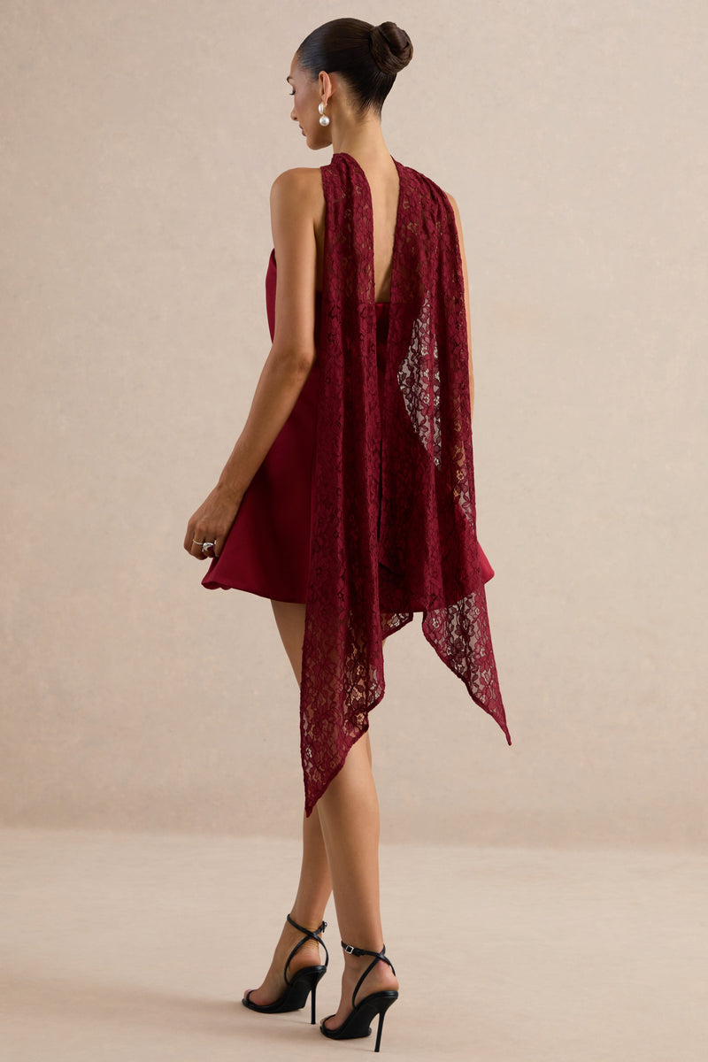 Lioray Burgundy Satin Bandeau-Neck A-Line Mini Dress cl138453102 and scarf CL138453102_8.jpg