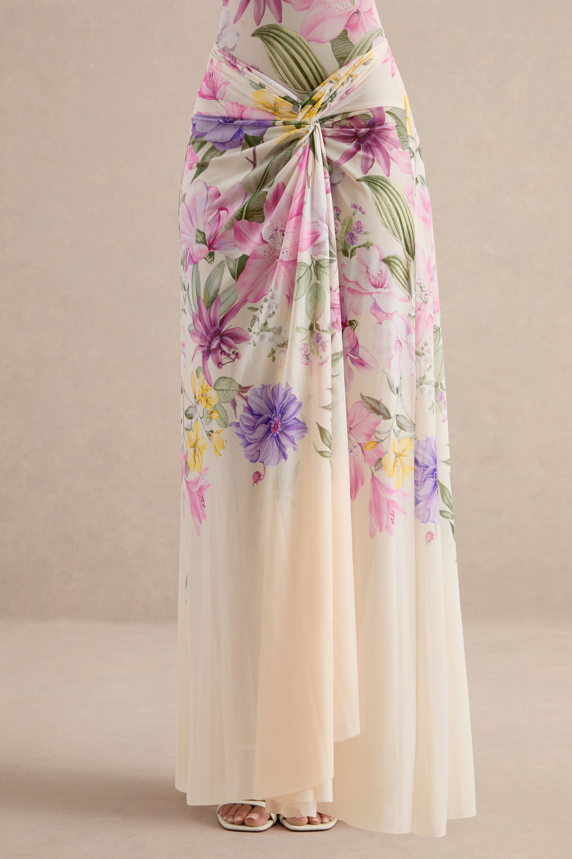 CL138604111 - Malva _ Cream Floral Print Mesh Maxi Skirt With Twist Detail And Front High Split 4.jpg