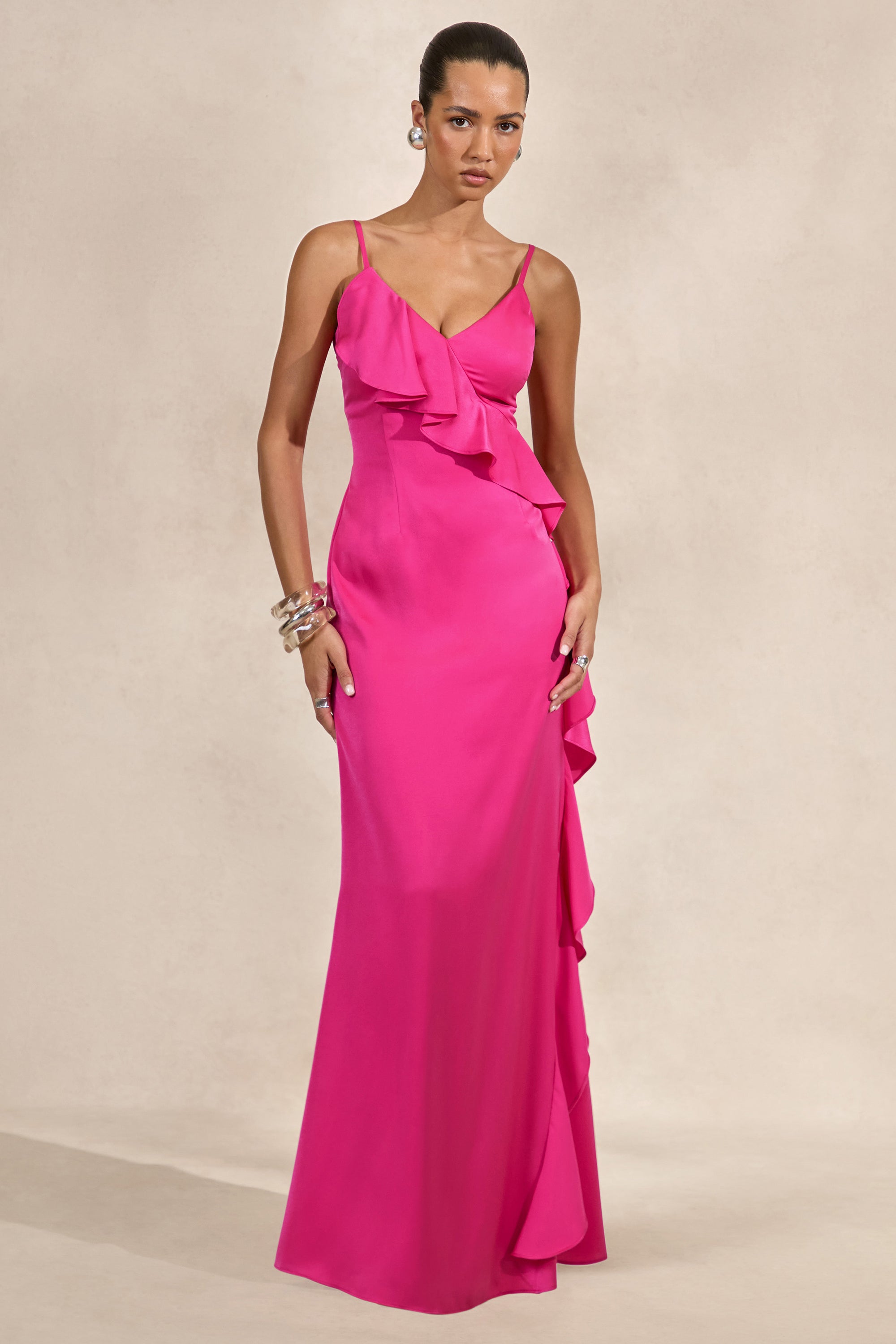 CL138609080 - Marcelina _ Hot Pink Satin V-Neck Maxi Dress With Ruffled Detailing0.jpg