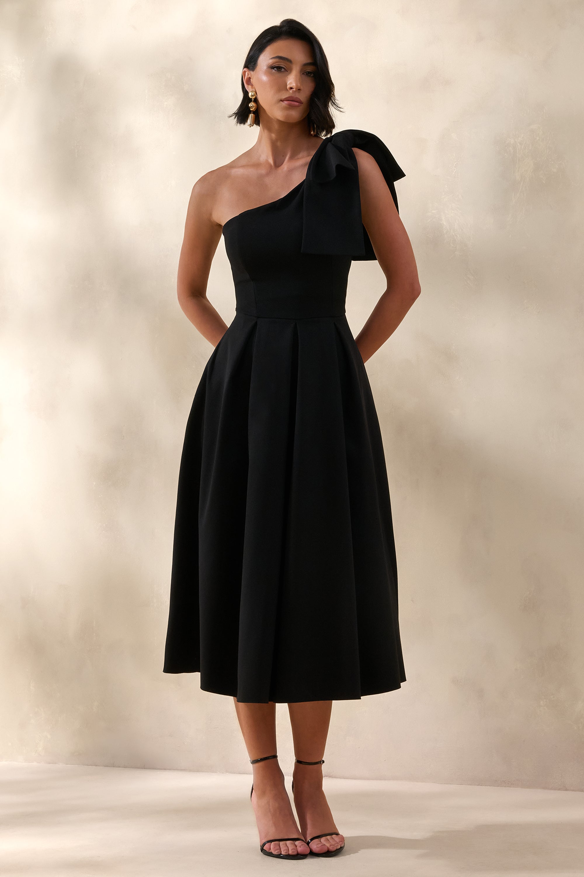 ECM_HR_CL138721001 - Meria | Black Asymmetric-Neck Midi Dress With Bow-Sleeve 2.jpg