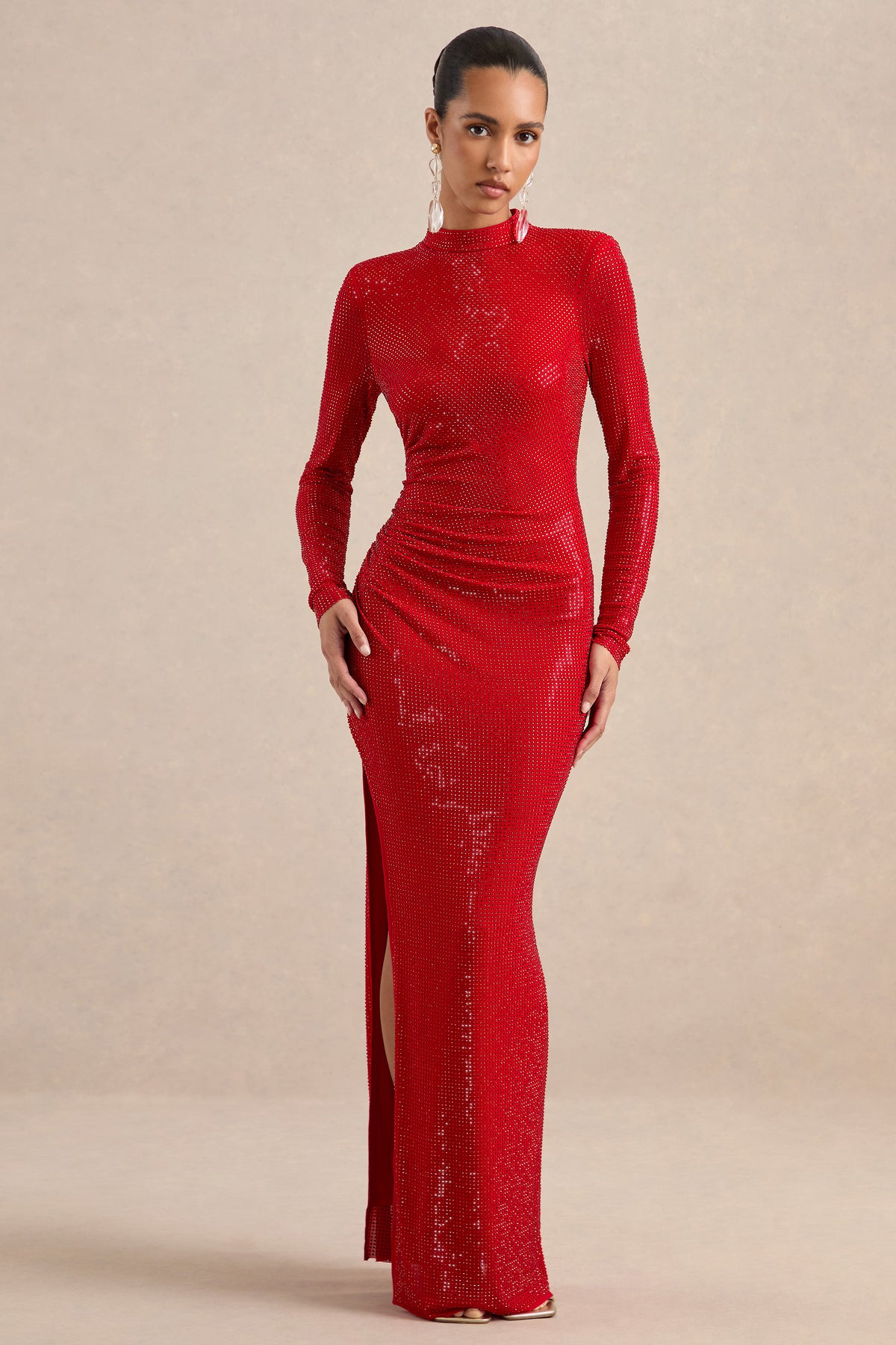 ECM_HR_CL138873100 - Georgiana _ Red Diamante High Neck Long Sleeve Maxi Dress With Gathered Detailing And Split0.jpg