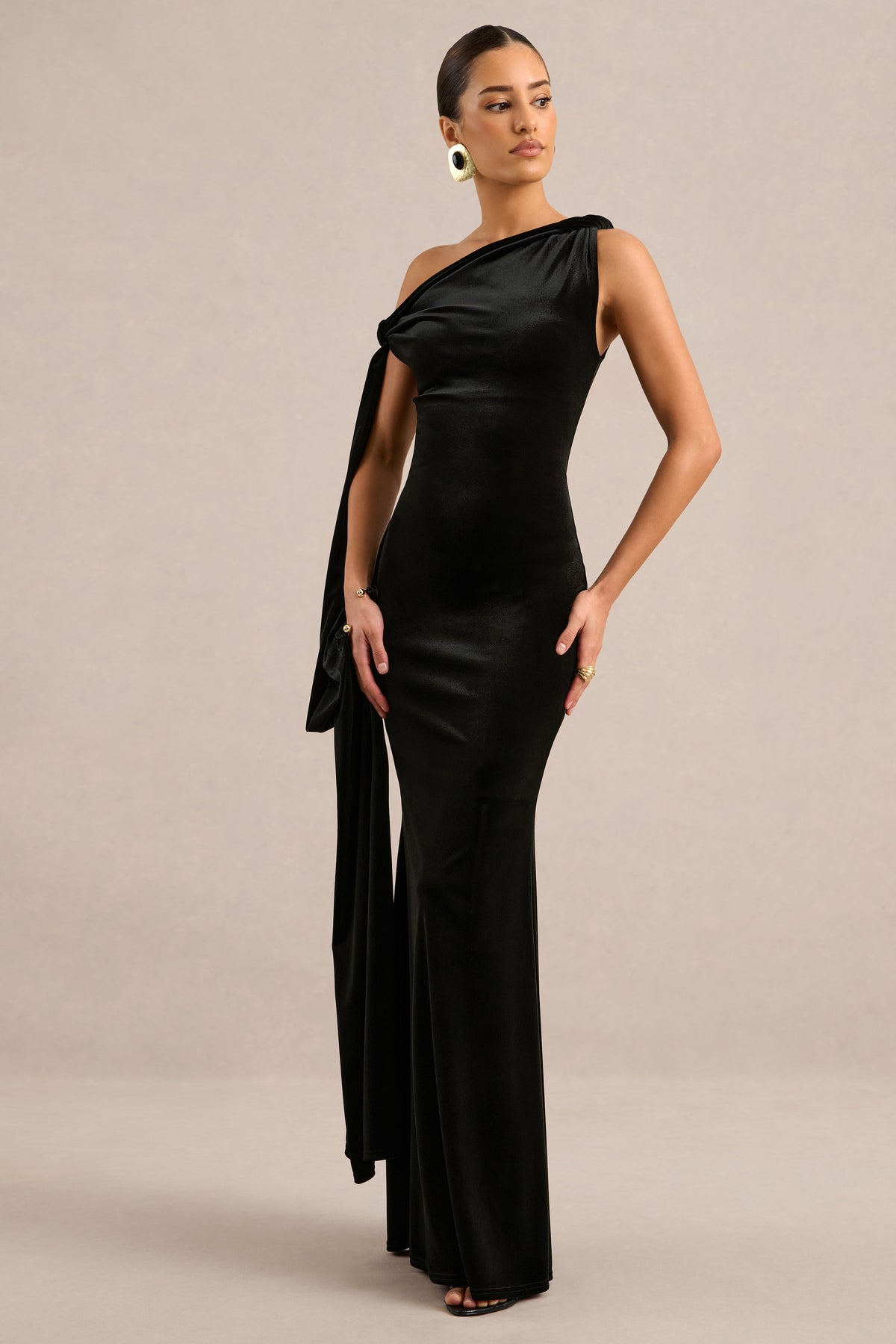 ECM_HR_CL138912001 - Blakely _ Black Velvet Twist One Shoulder Maxi Dress With Sash And Cuff Trim1.jpg