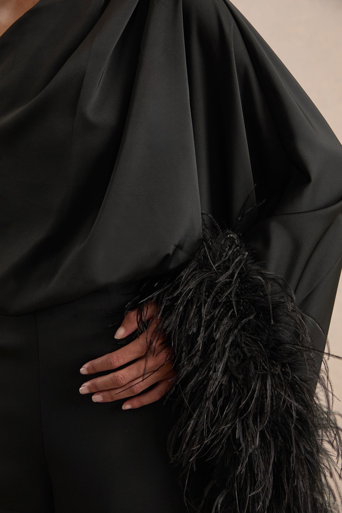 ECM_HR_CL139182001 - Jacinta _ Black Satin One Shoulder Long Sleeve Jumpsuit With Feather Detailing4.jpg