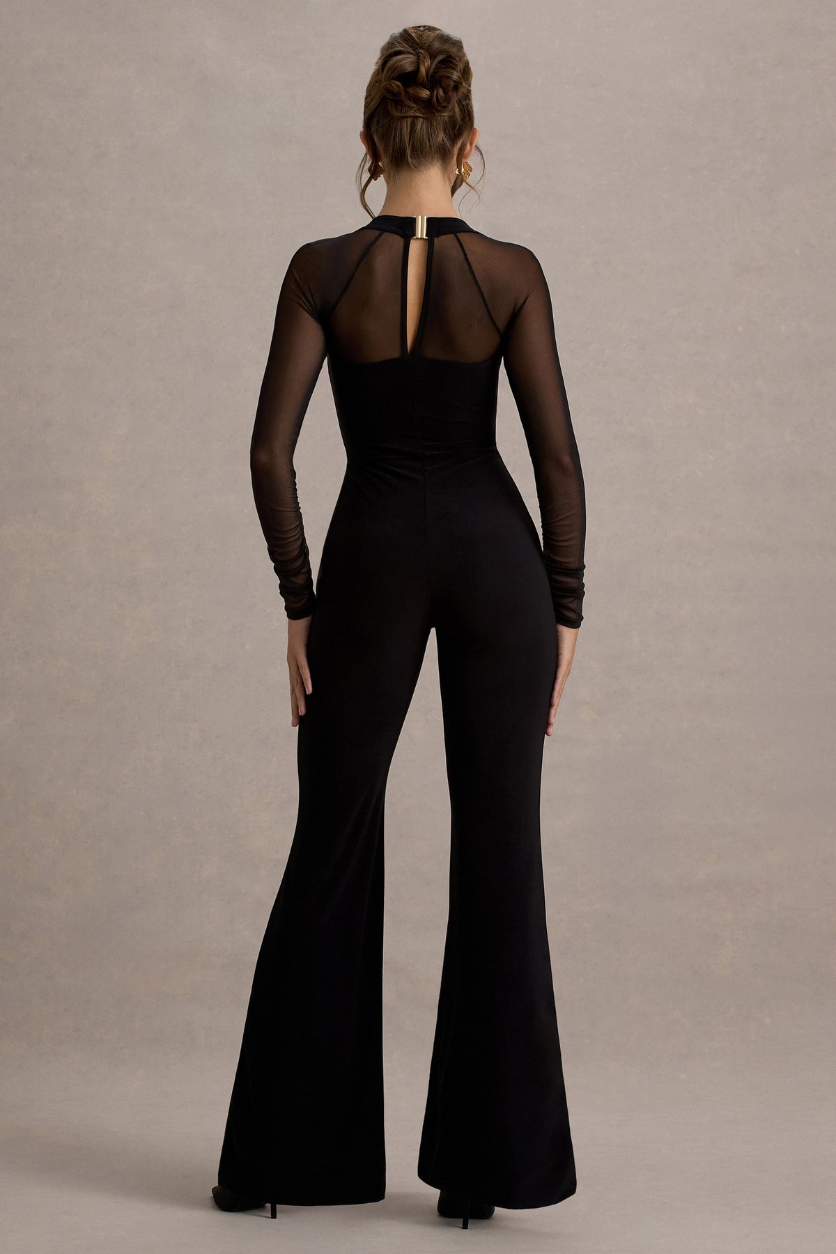 On Track | Svart byxdress med utsvängda ben och transparenta ärmar