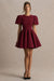 Emelia | Burgundy miniklänning med puffärm och klockad kjol
