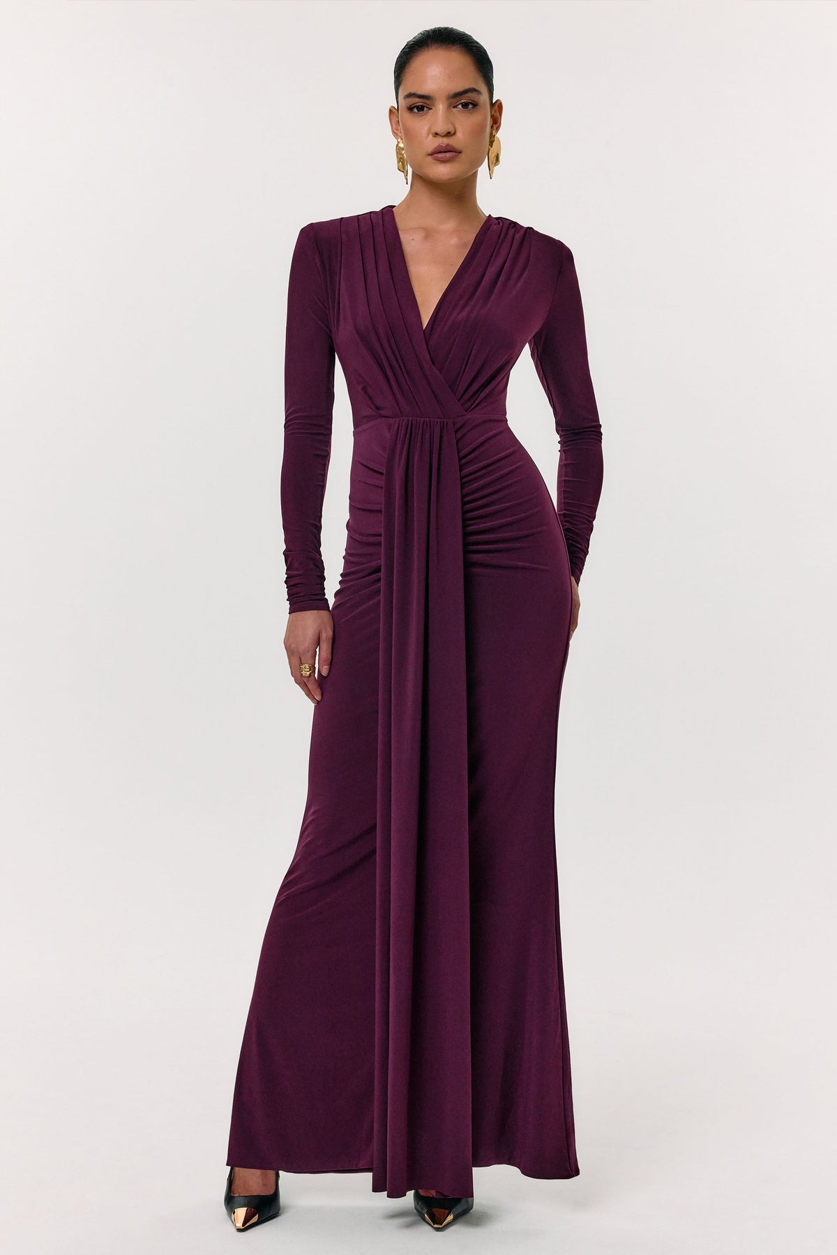 Flashy | Burgundy långklänning med rynkade detaljer