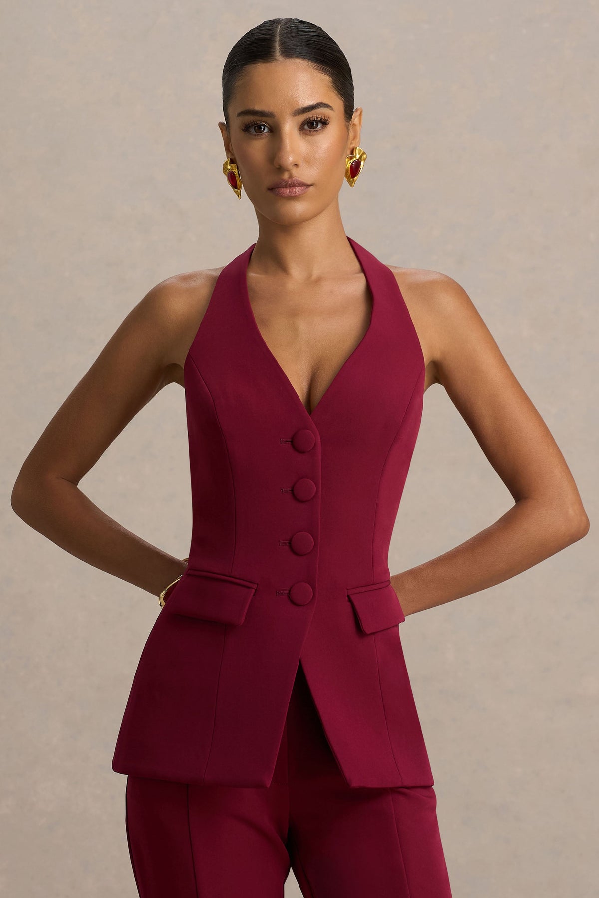 Tecla | Burgundy skräddarsydd väst med halterneck