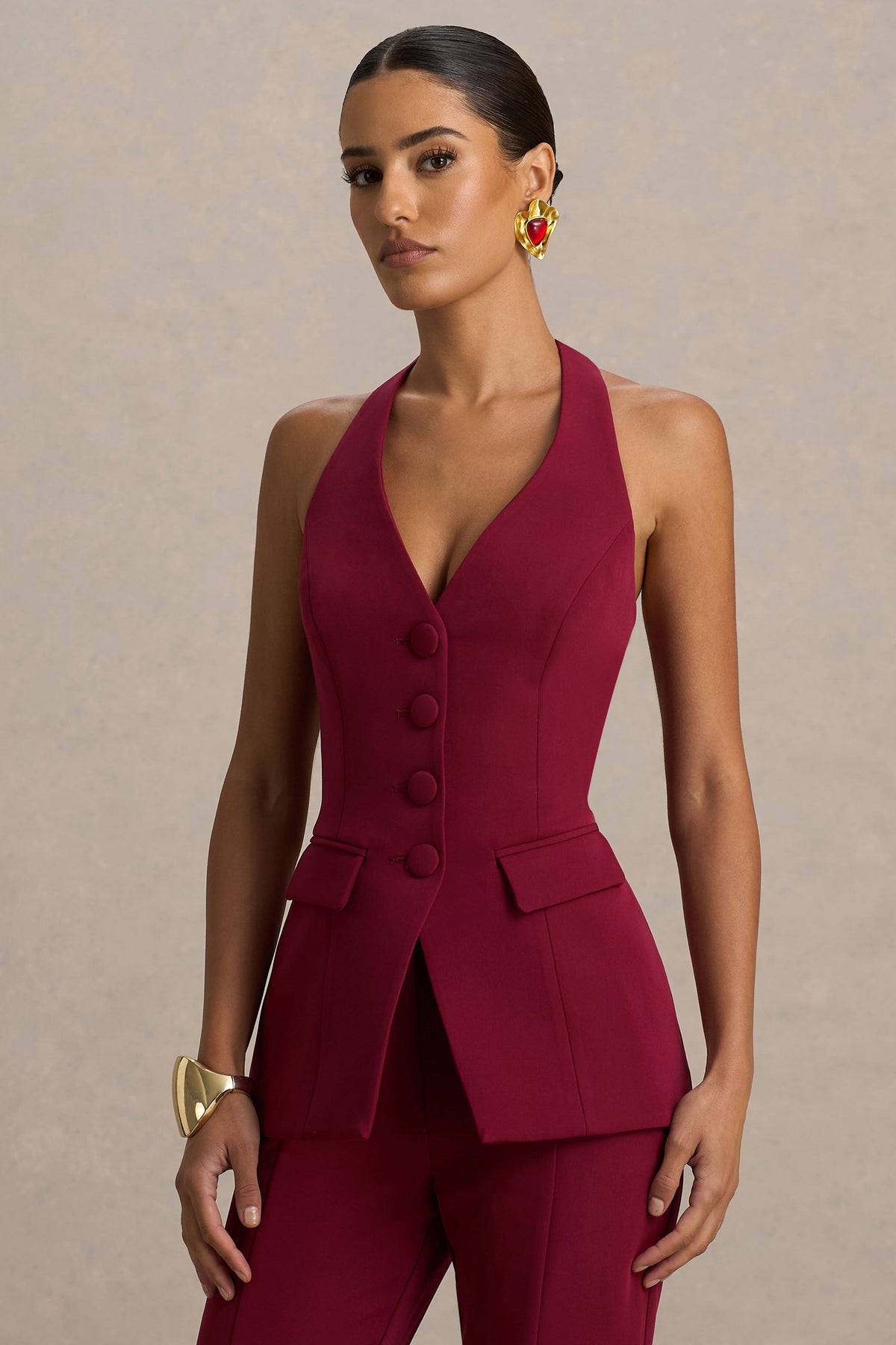 Tecla | Burgundy skräddarsydd väst med halterneck