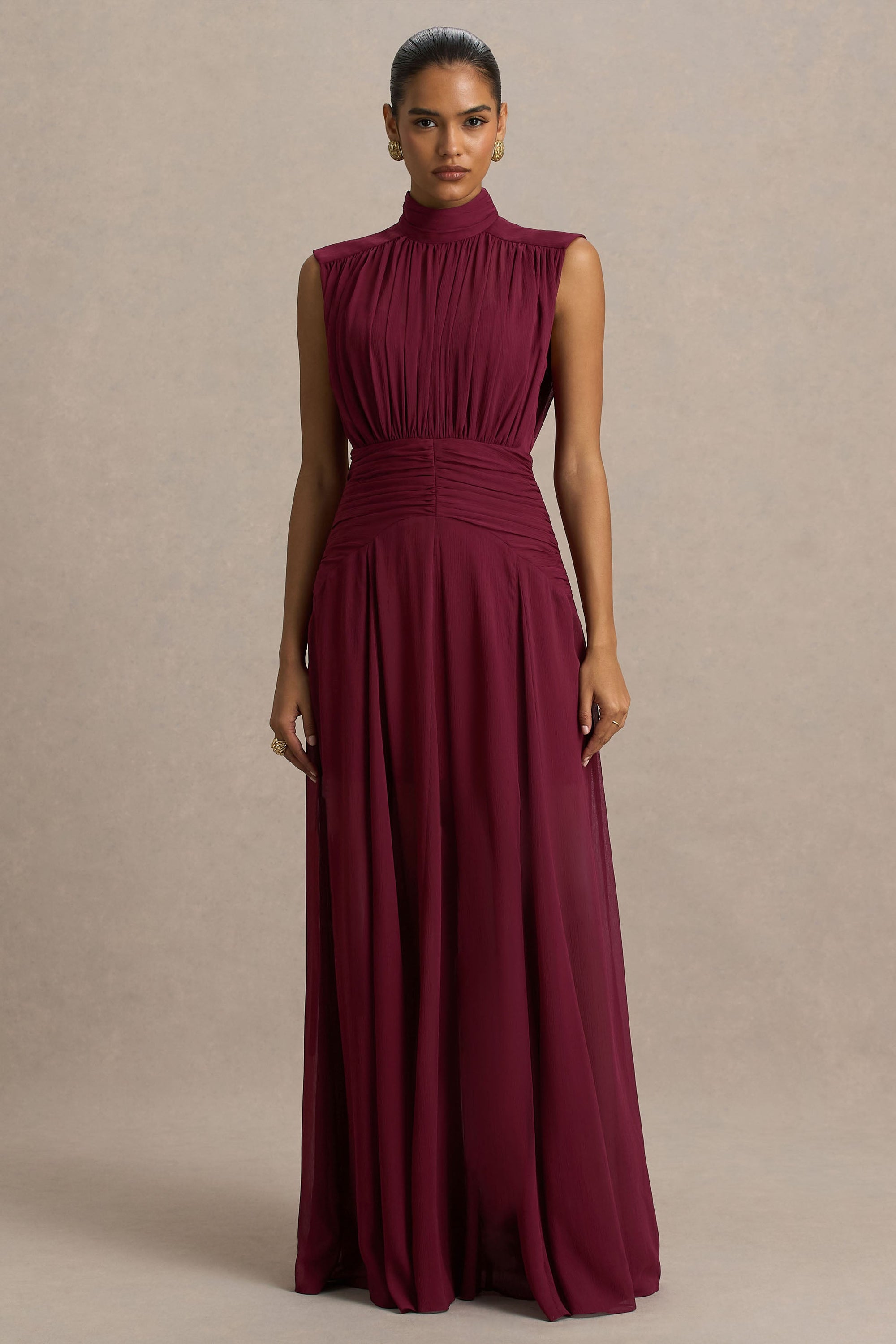 Melanina | Burgundy långklänning med rynkade detaljer