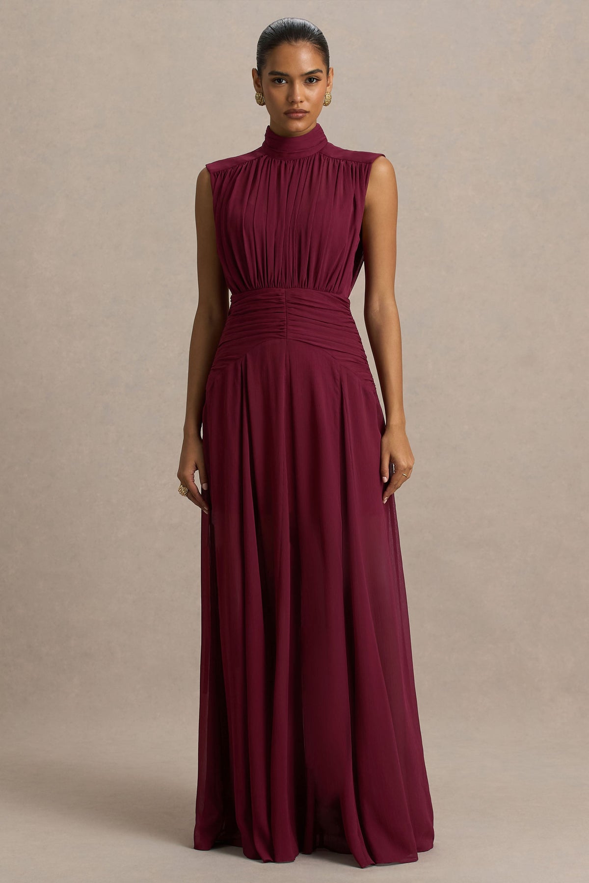 Melanina | Burgundy långklänning med rynkade detaljer