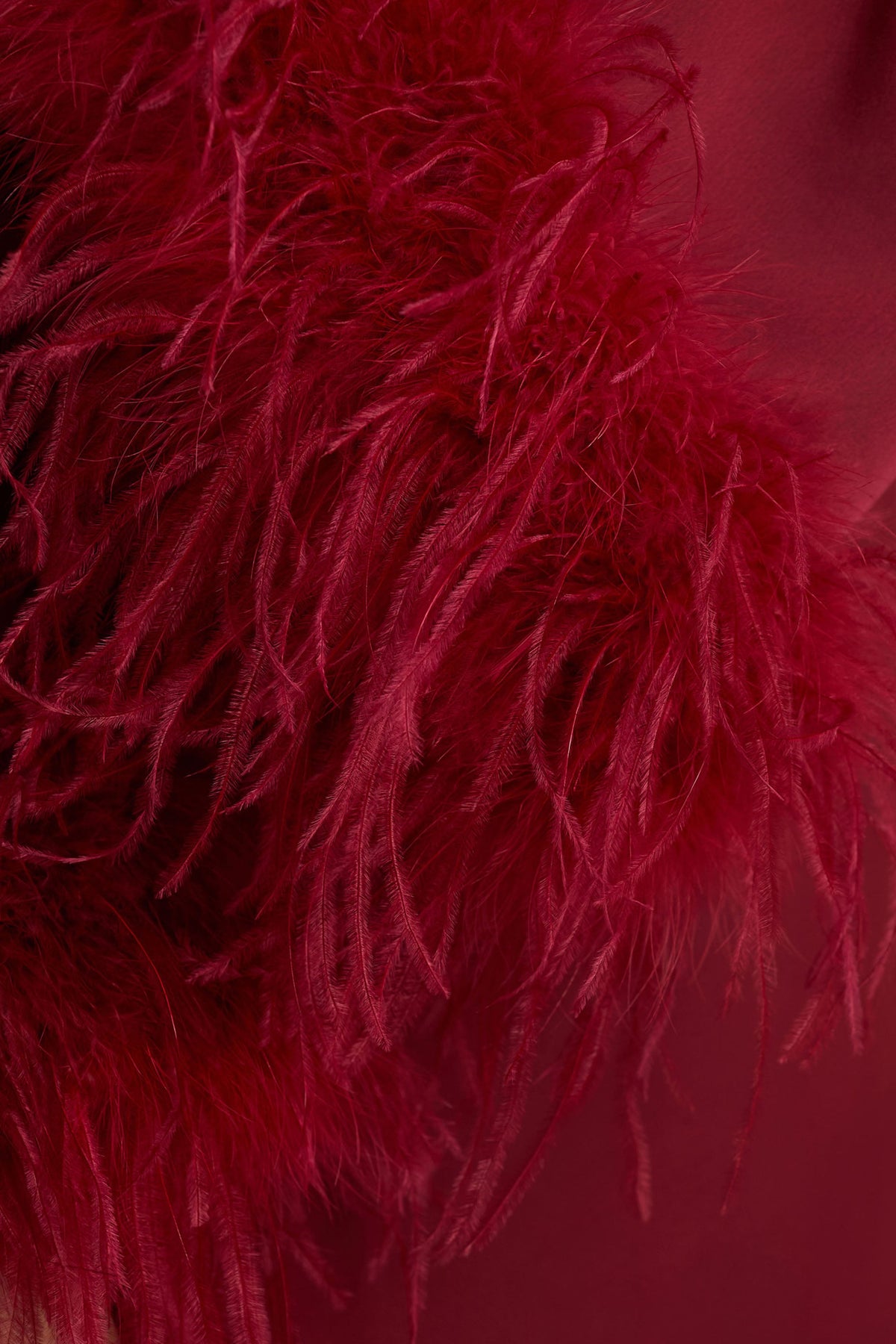 Adella | Burgundy långklänning i satin med fjäderdetaljer