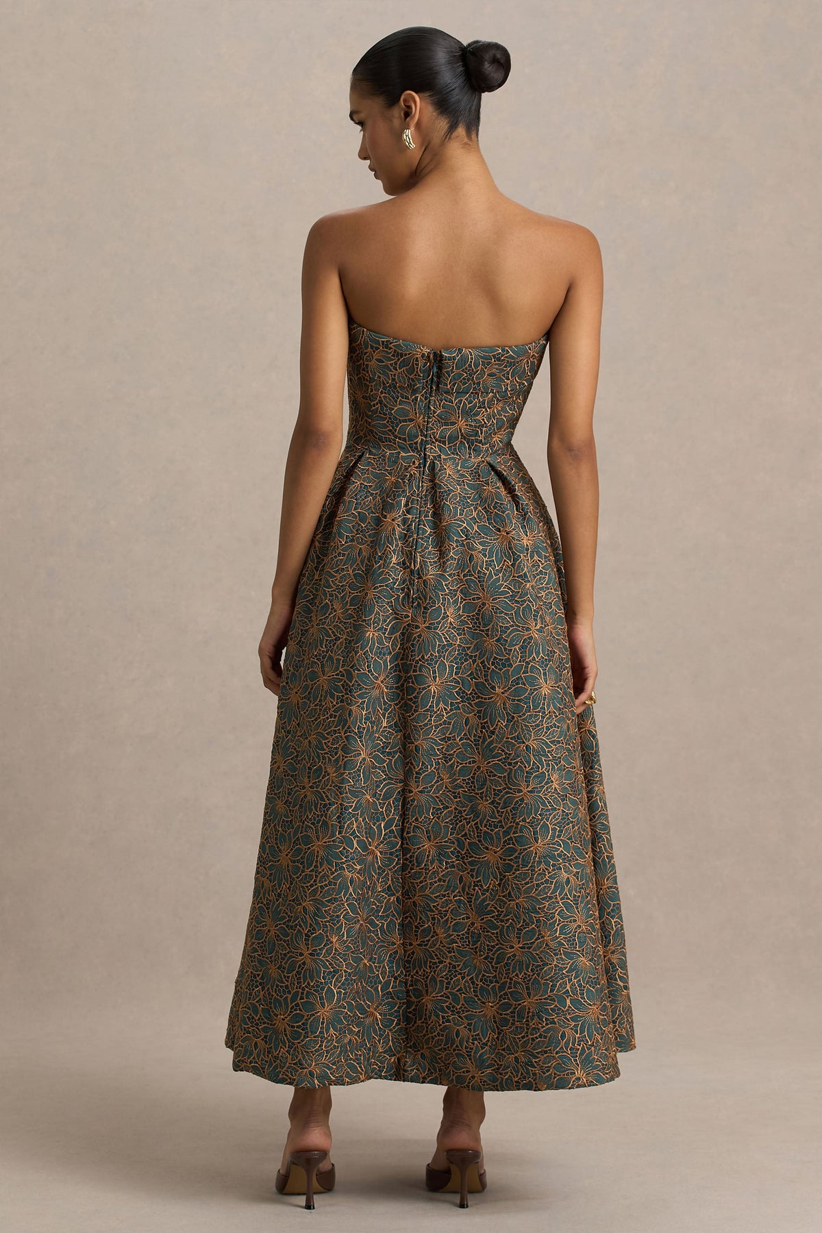 Loretta | Mörkgrön och roströd midiklänning med brodyr